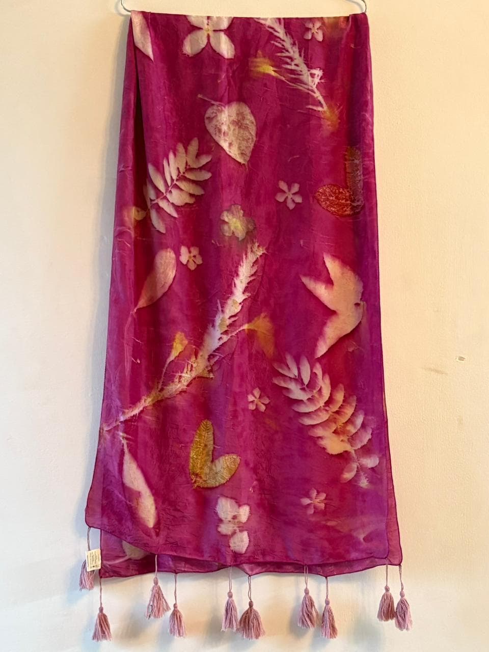 Patti scarf eco printed on Habutai silk with fallen leaves and natural sappanwood dye - SewMuchBetter