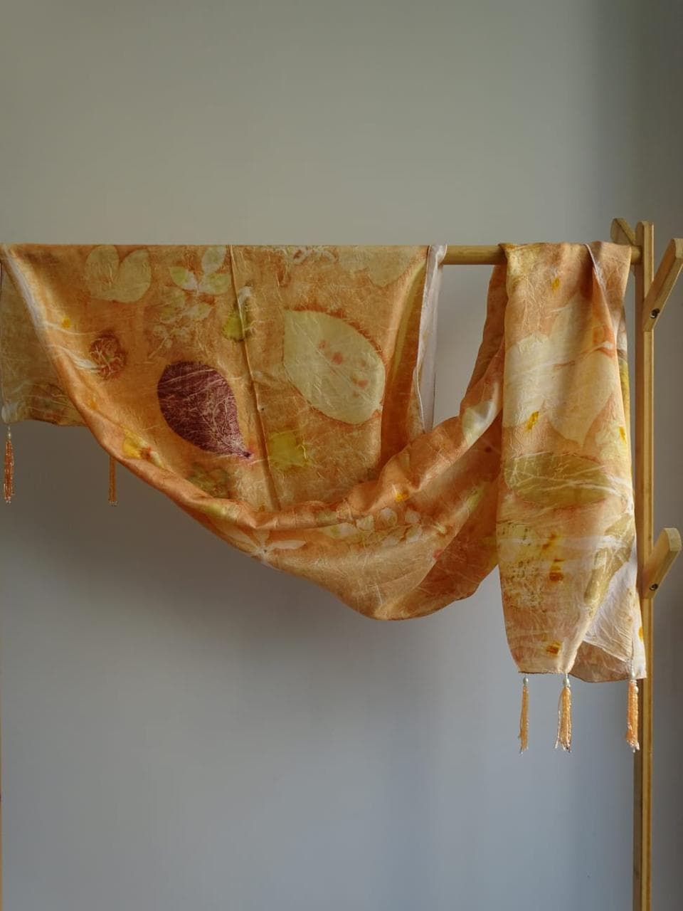 Patti scarf in apricot blush madder dyed Habutai silk with fallen leaf eco prints and katdana tassels - SewMuchBetter