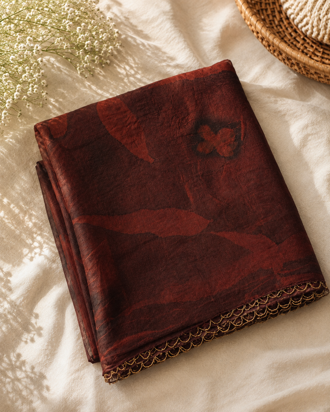 Dharti eco printed organza silk dupatta naturally dyed with Catechu and fallen leaves