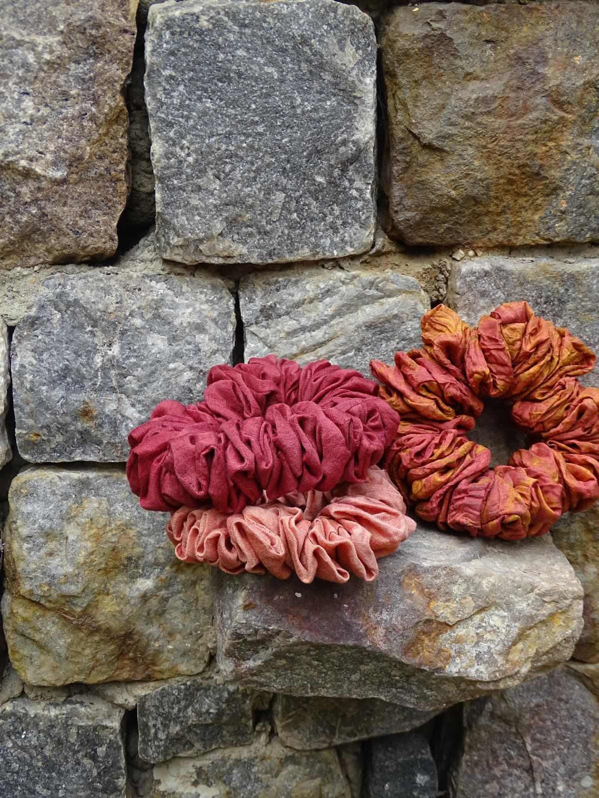 Pack of 3 naturally dyed silk scrunchies in varied natural dye shades - SewMuchBetter