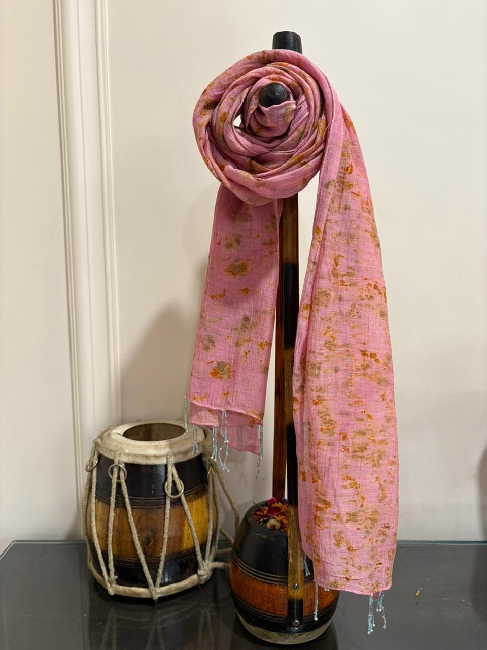 Priya scarf in baby pink natural sappanwood dye with marigold bundle dye and katdana tassels - SewMuchBetter