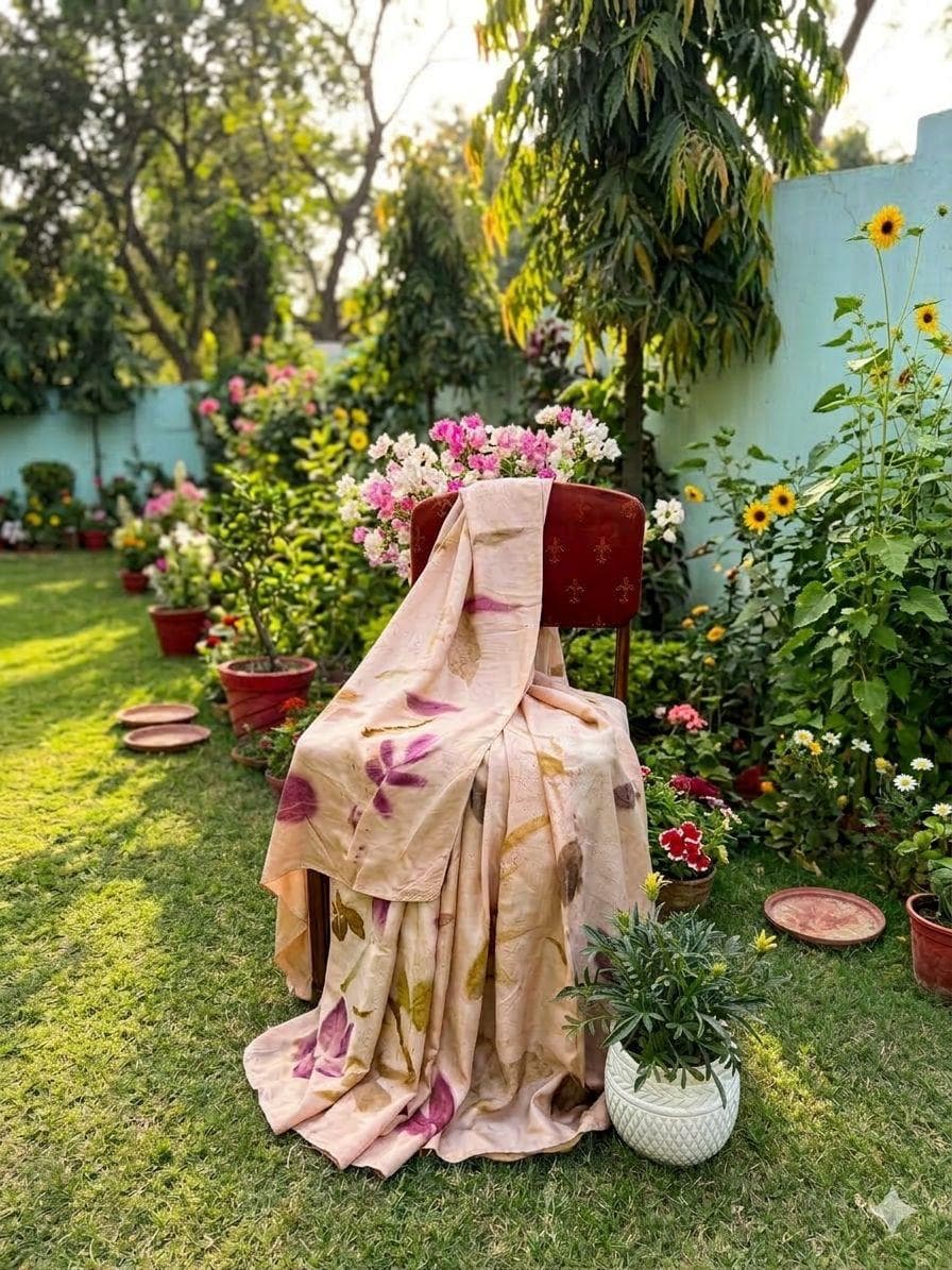 Nisha saree in off white Habutai silk with vibrant colourful botanical eco prints - SewMuchBetter