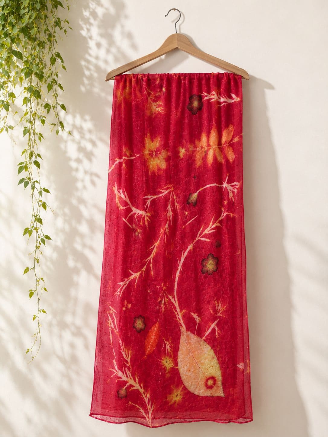 Patti scarf in warm pink sappanwood dyed Habutai silk with fallen leaf botanical eco prints and fish pattern - SewMuchBetter