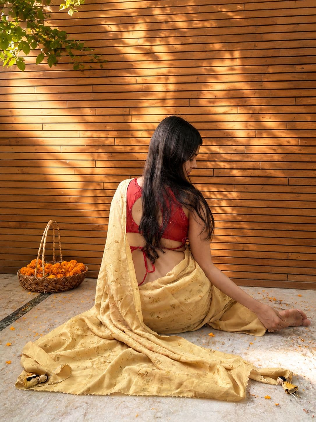 Habutai silk saree in warm yellow marigold dye with temple marigold bundle dye impressions and handcrafted doll tassels - SewMuchBetter
