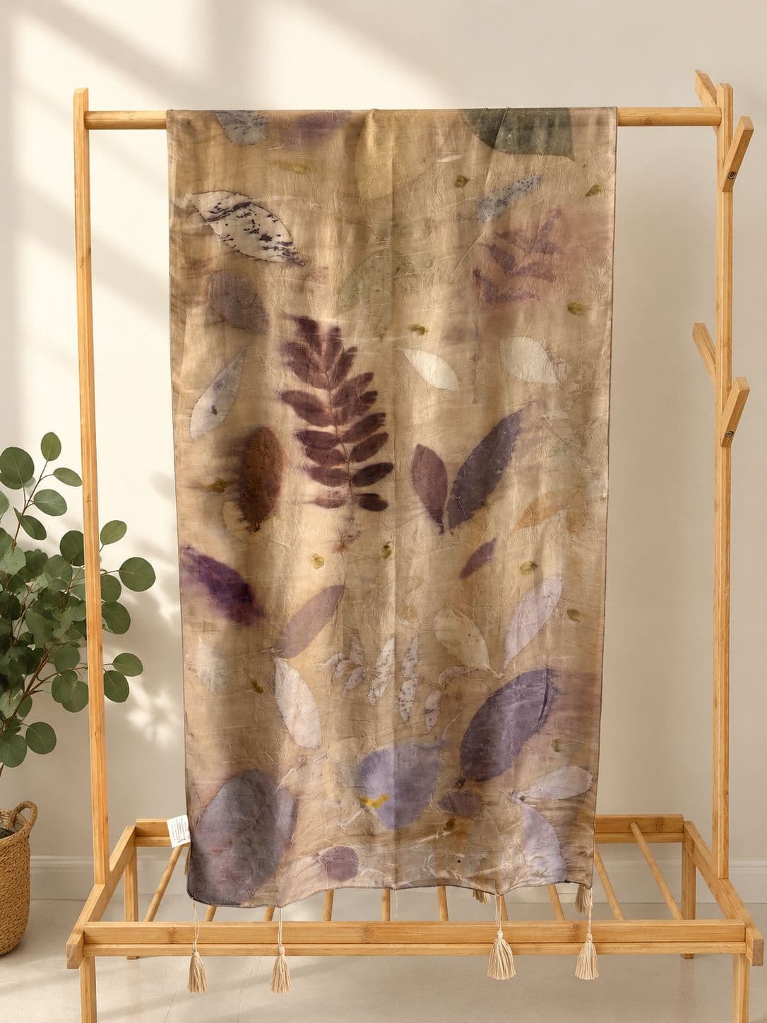 Patti scarf in moss green marigold dyed Habutai silk with fallen leaf eco prints and cotton tassels - SewMuchBetter