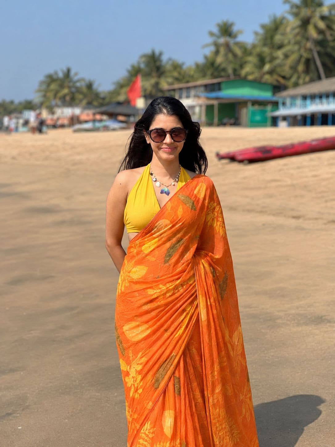 Habutai silk saree in orange rust naturally dyed with marigold and sappanwood with fallen leaf eco prints - SewMuchBetter