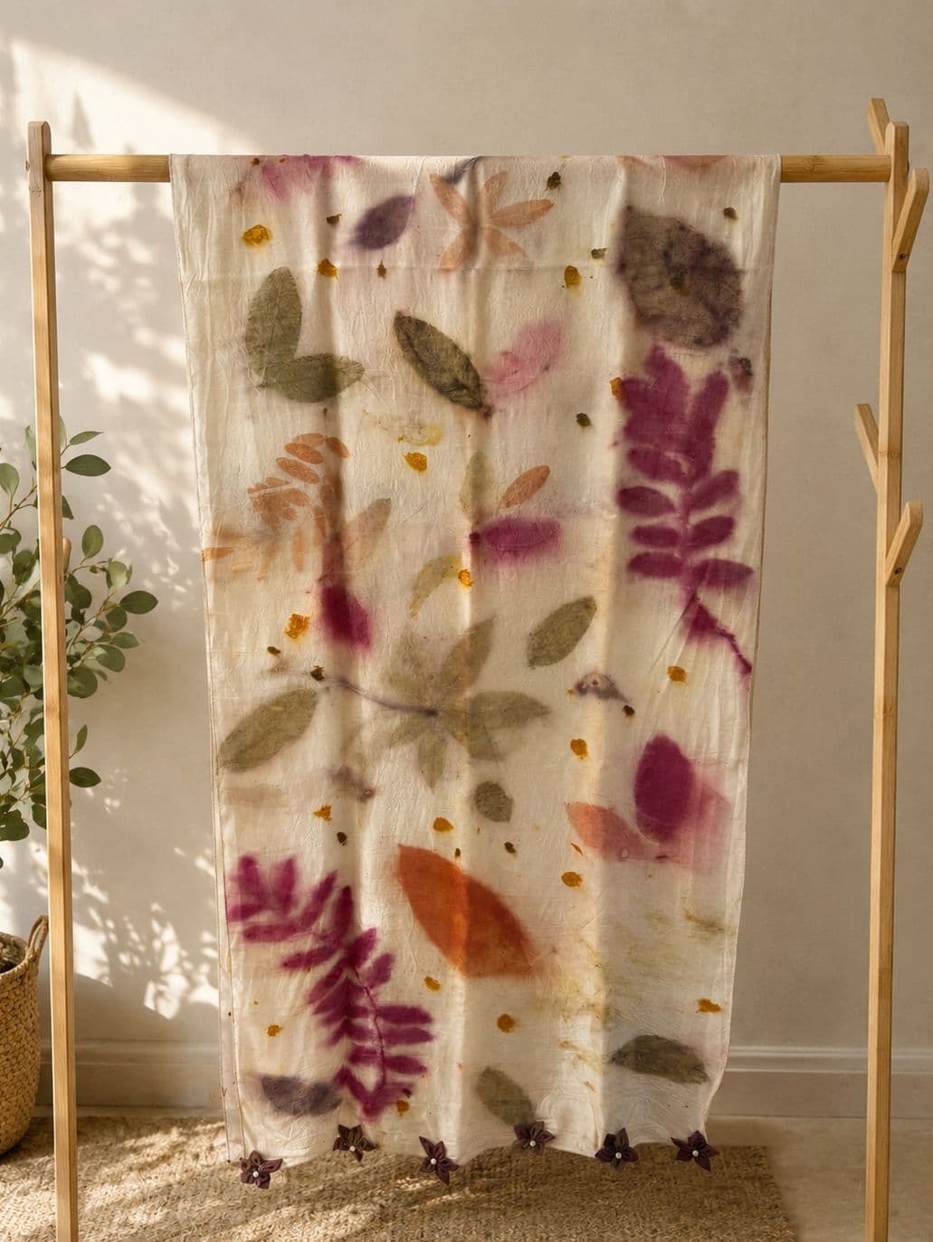 Patti scarf in off white Habutai silk with multicolour fallen leaf eco prints and handmade purple flower tassels - SewMuchBetter
