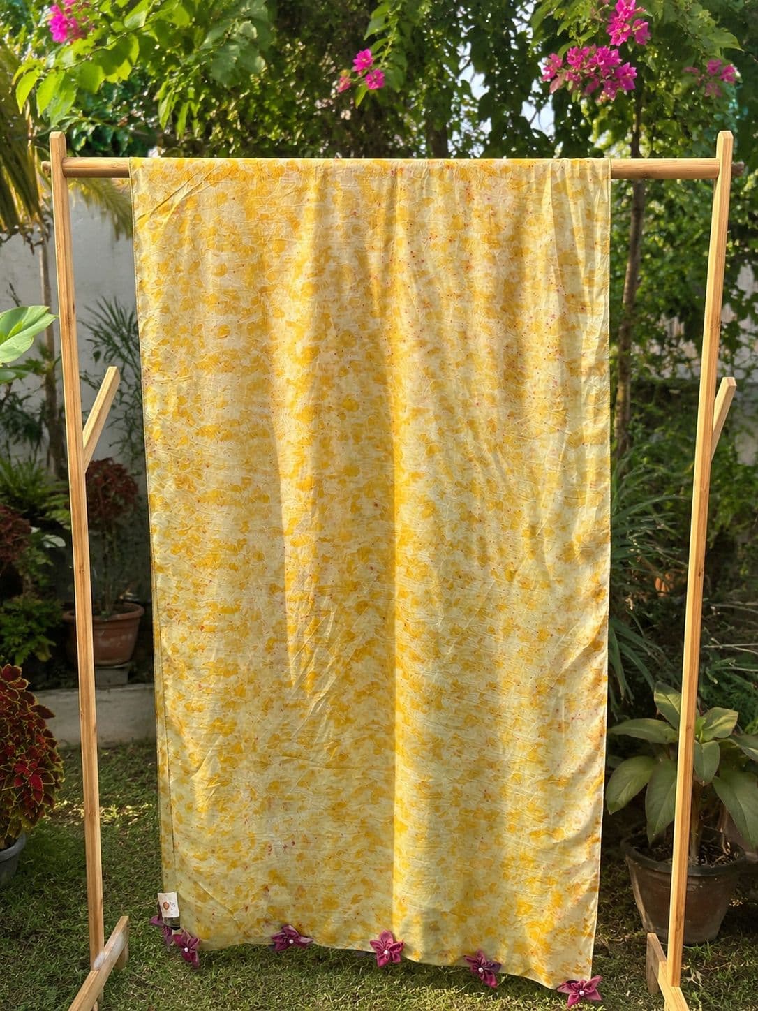 Phool scarf in white Habutai silk with golden yellow sacred temple marigold bundle dye petal prints and pink magenta flower tassels - SewMuchBetter